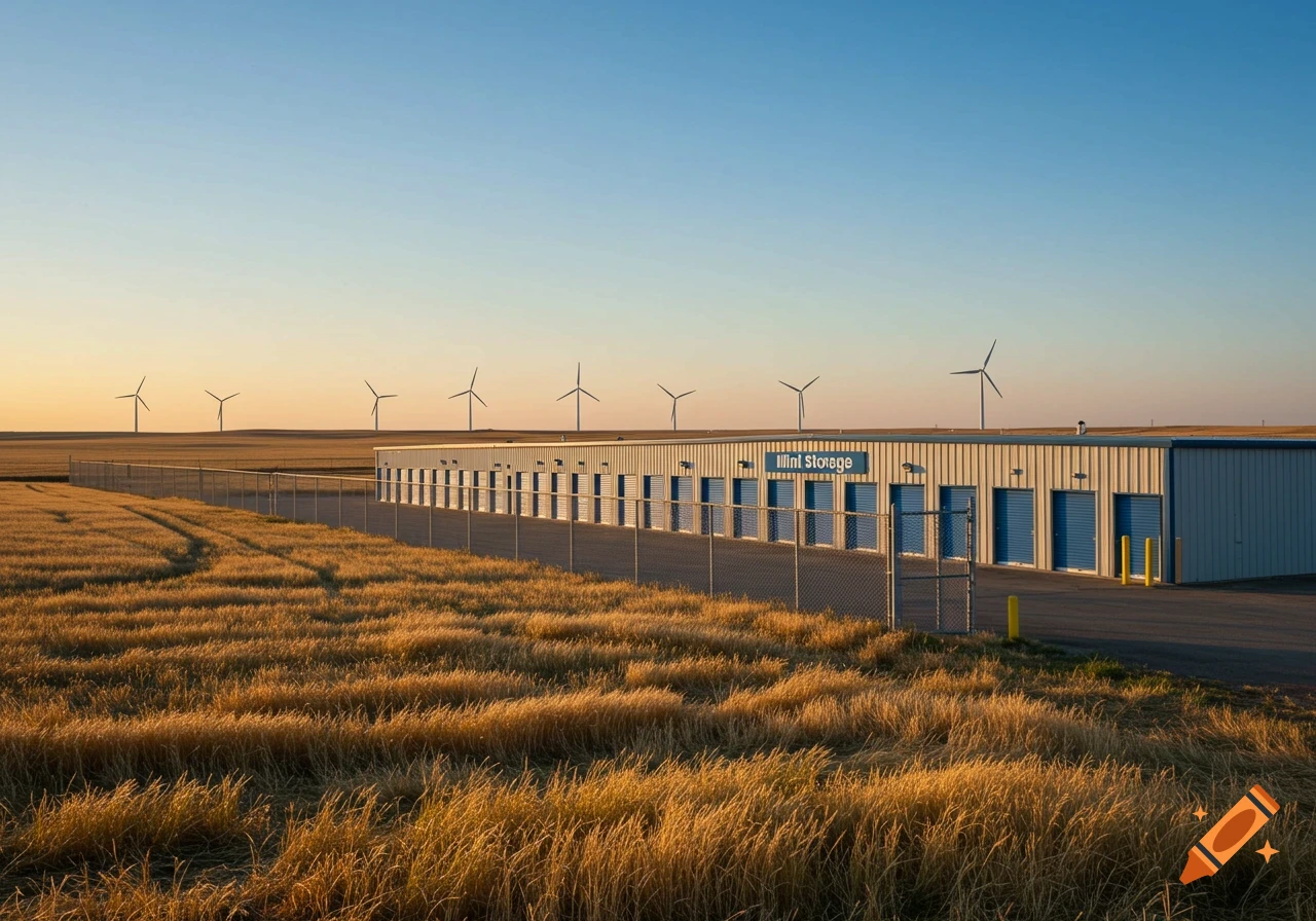 A modern mini storage facility with blue doors in a golden field under a clear blue sky, with wind turbines on the horizon during sunset.