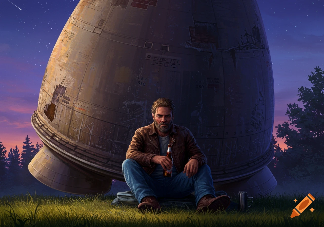 A man with a beard sits on the grass under a large, weathered space capsule or rocket part, holding a beer bottle, with a starry night sky and trees in the background.