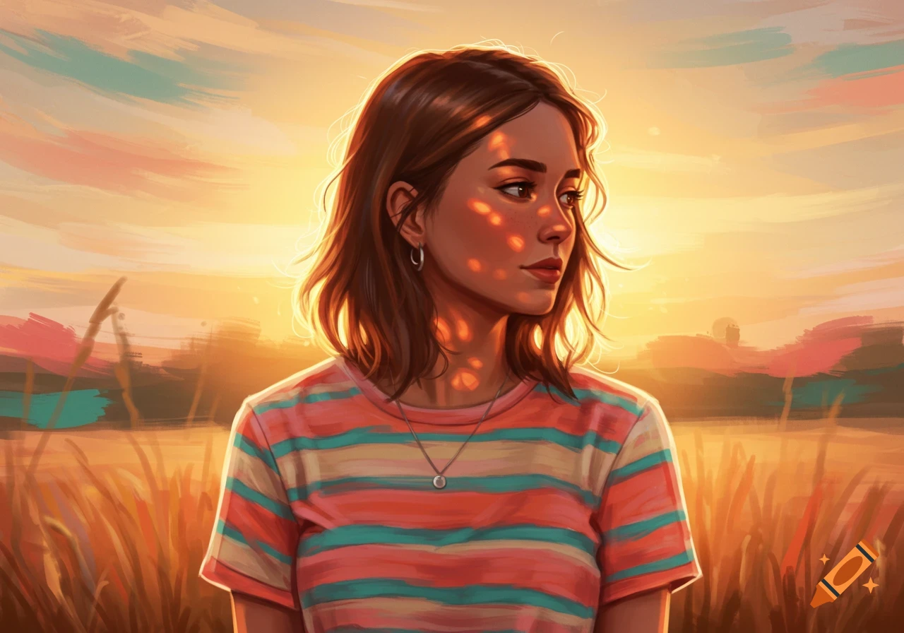 Digital painting of a young woman with brown hair in a striped shirt, looking right in warm sunset light in a field.