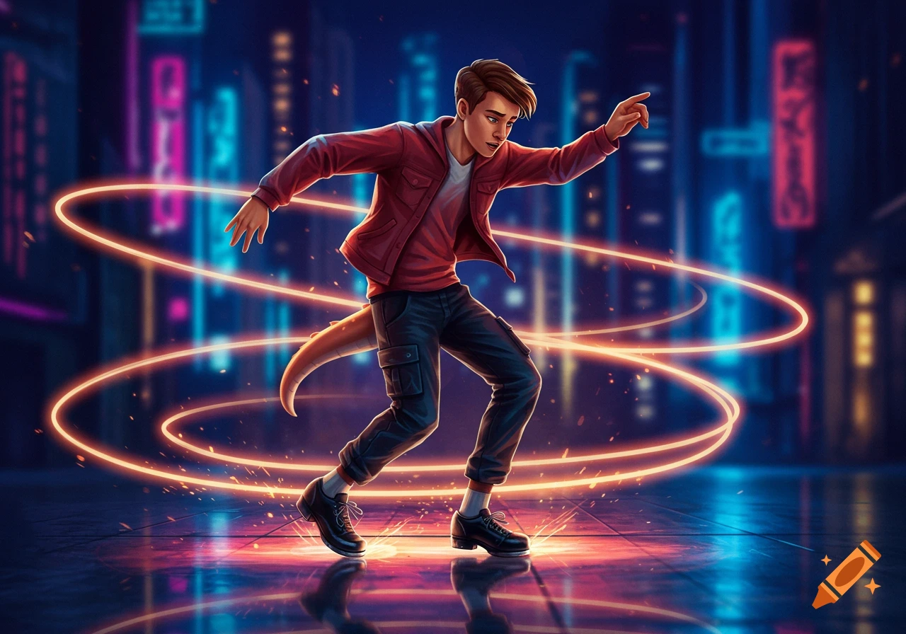Jake Long from American Dragon tap dancing in a vibrant, neon-lit cityscape at night.
