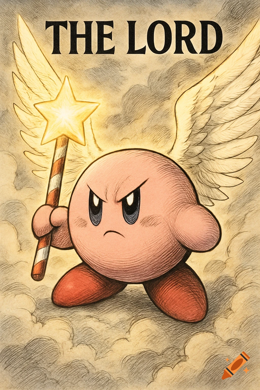 Determined Kirby with glowing wings and star rod, under the title 'THE LORD', in an anime art style.