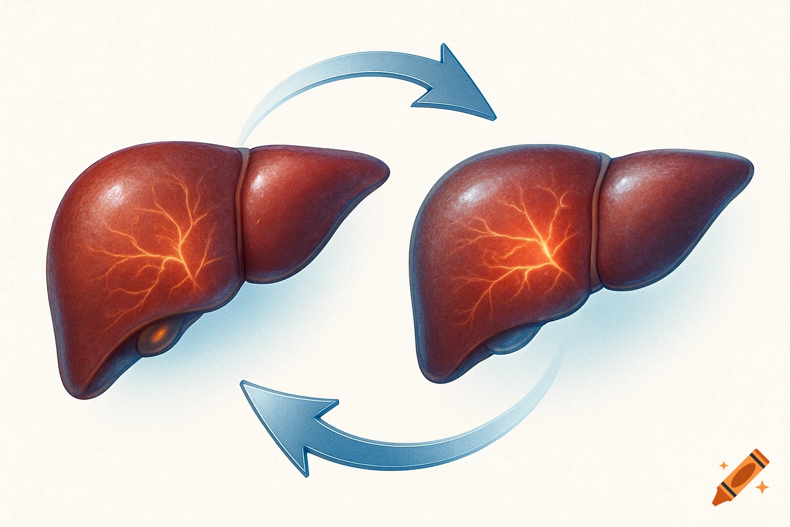 Two stylized human livers with glowing internal patterns and blue arrows pointing between them, suggesting replacement.