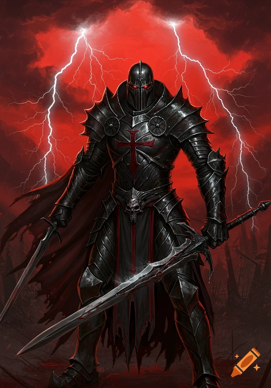 A dark fantasy warrior in spiked black armor with a red cross, holding two swords against a red lightning-storm sky.