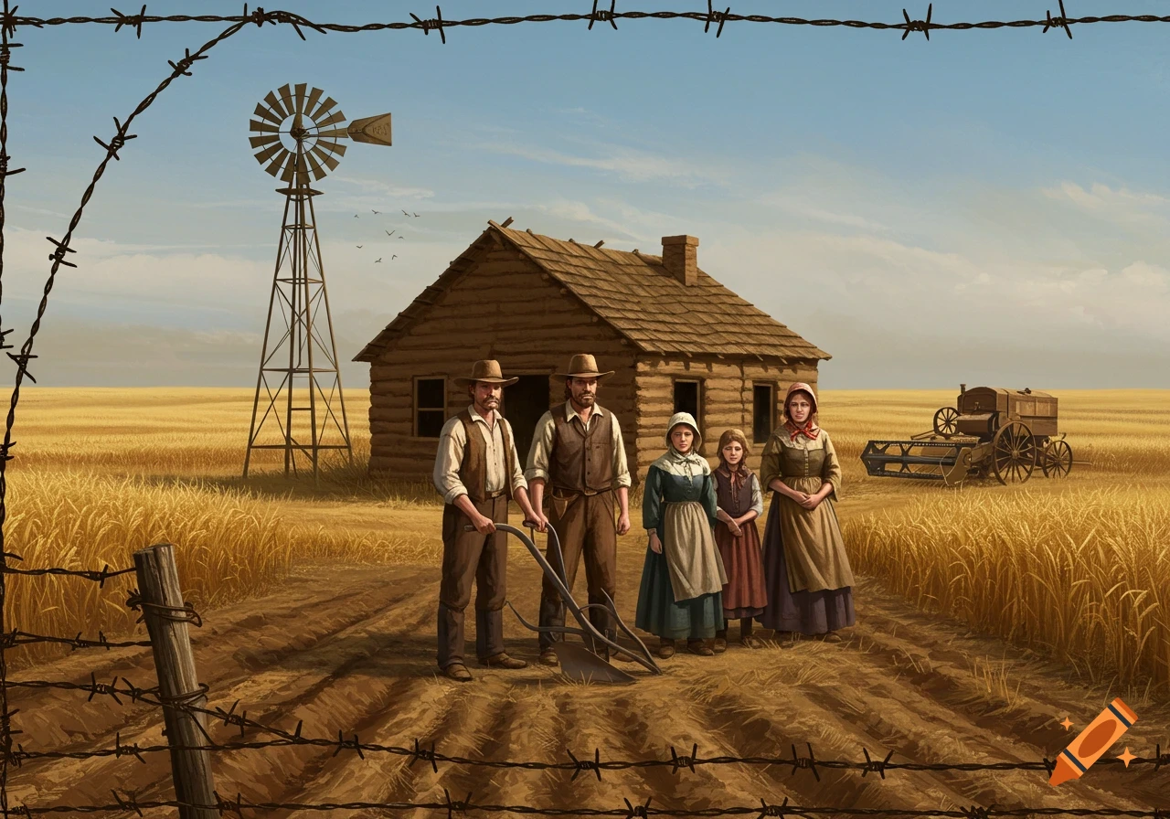 A 19th-century farming family stands in a wheat field with a log cabin, windmill, and farming equipment, framed by barbed wire.