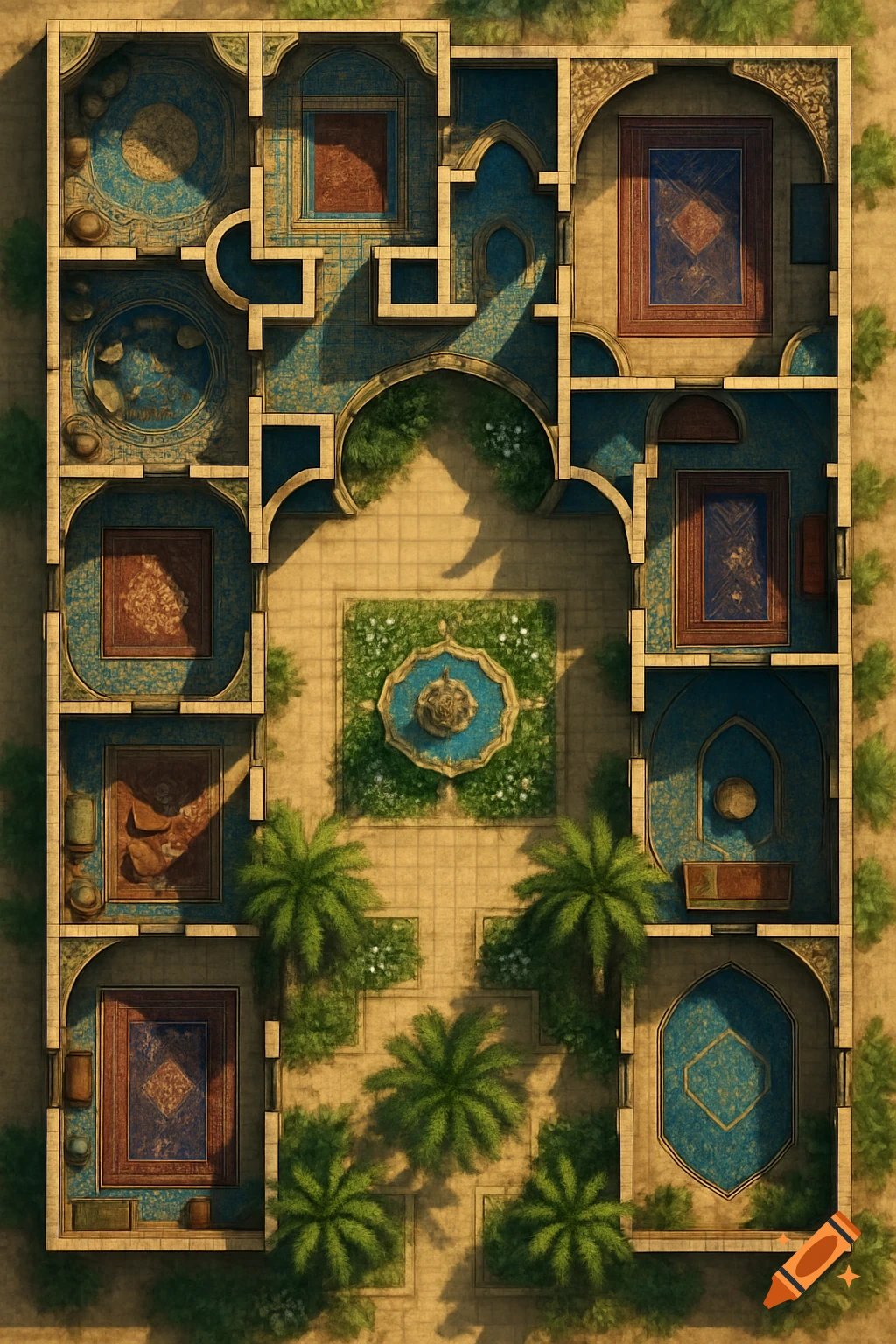 Top-down battle map of an Arabian Nights-inspired palace with rooms, a courtyard, fountain, and palm trees.