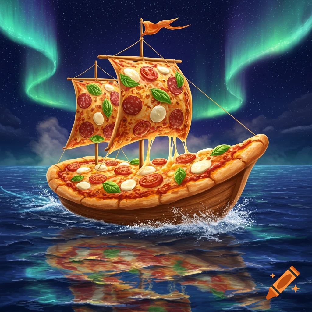 A whimsical pizza boat sails on a dark sea under a starry sky with vibrant green aurora borealis.