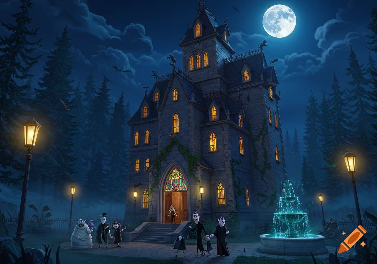 A cartoon monster family stands outside a spooky castle at night under a full moon, with a glowing fountain and pine trees.
