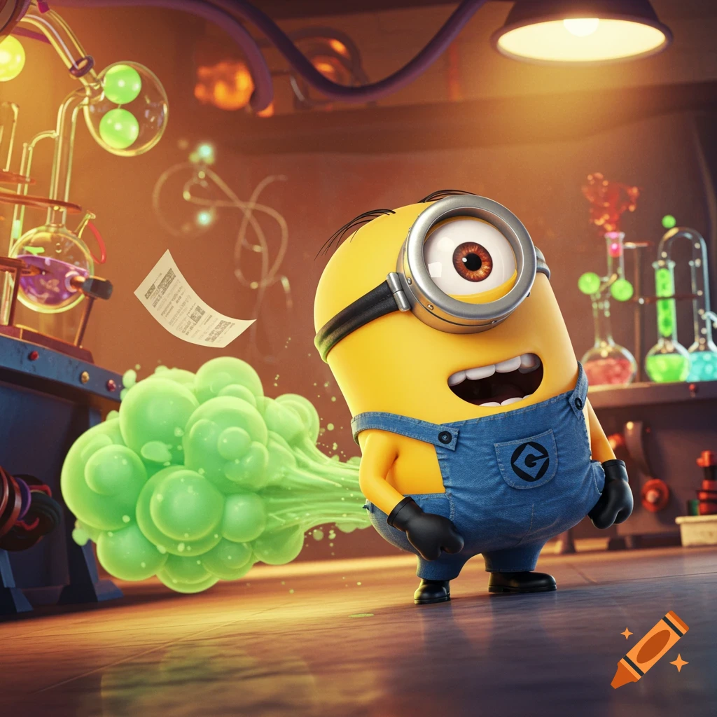A 3D animated Minion farts a large green gas cloud in a dimly lit science lab.