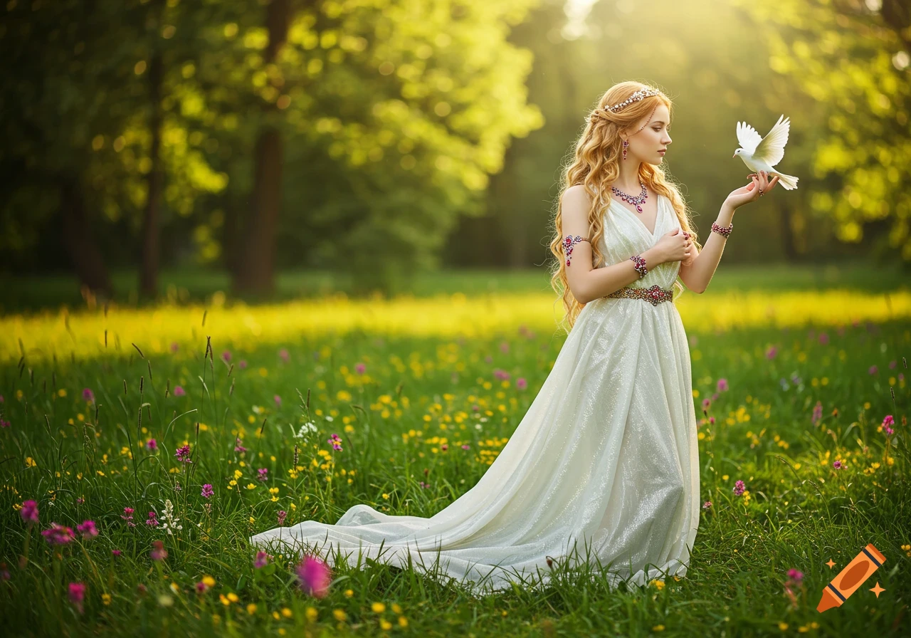 A woman in a white dress with long blonde hair, adorned with jewelry, stands in a sunlit meadow holding a white dove.