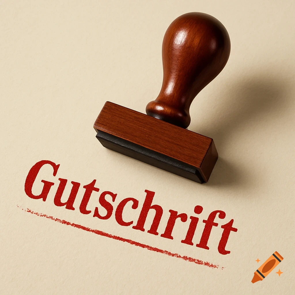 A wooden rubber stamp lies on light paper with the word "Gutschrift" (credit) stamped in red ink.