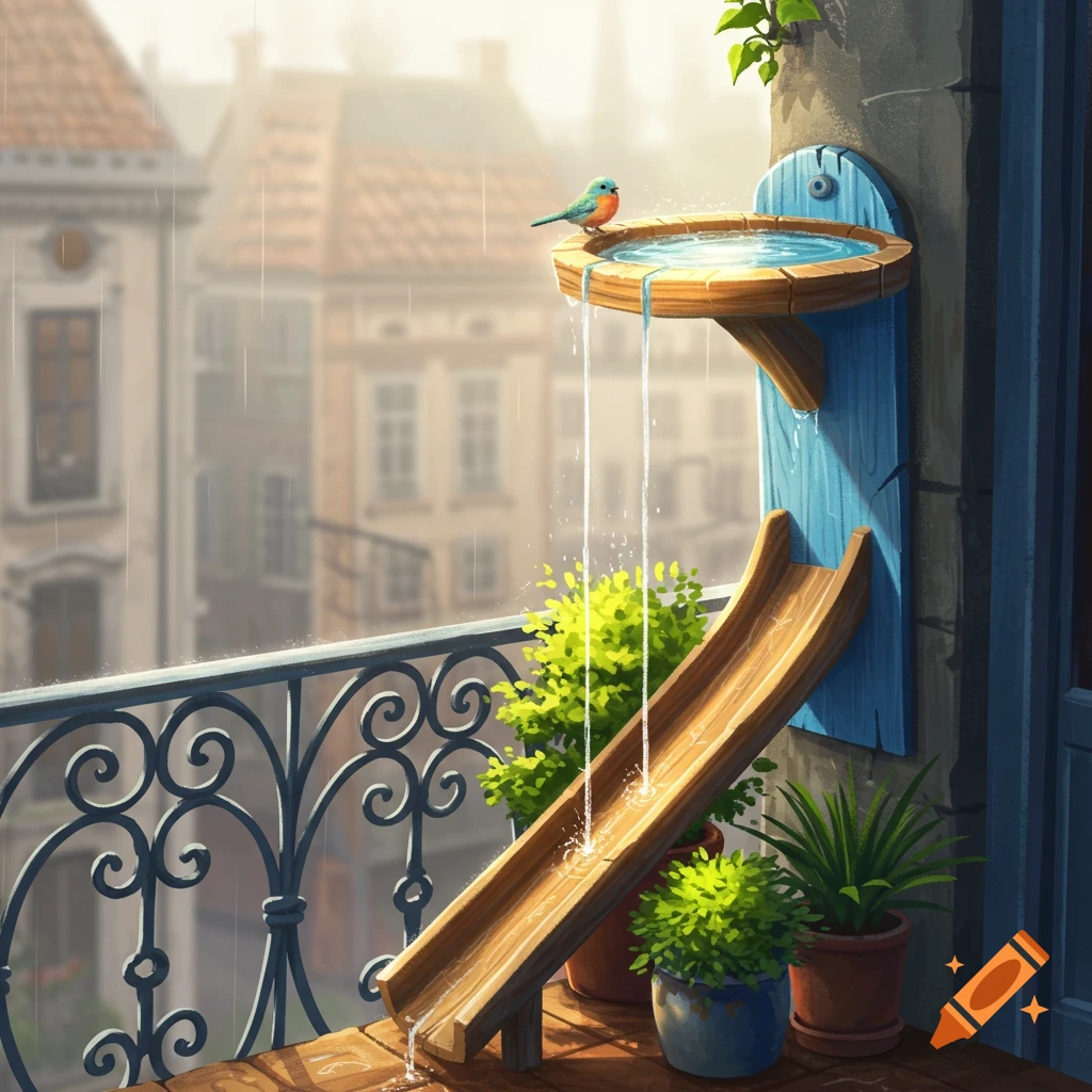 A small bird perches on a balcony birdbath, water flows down a slide to plants below, set against a rainy cityscape in an illustration.