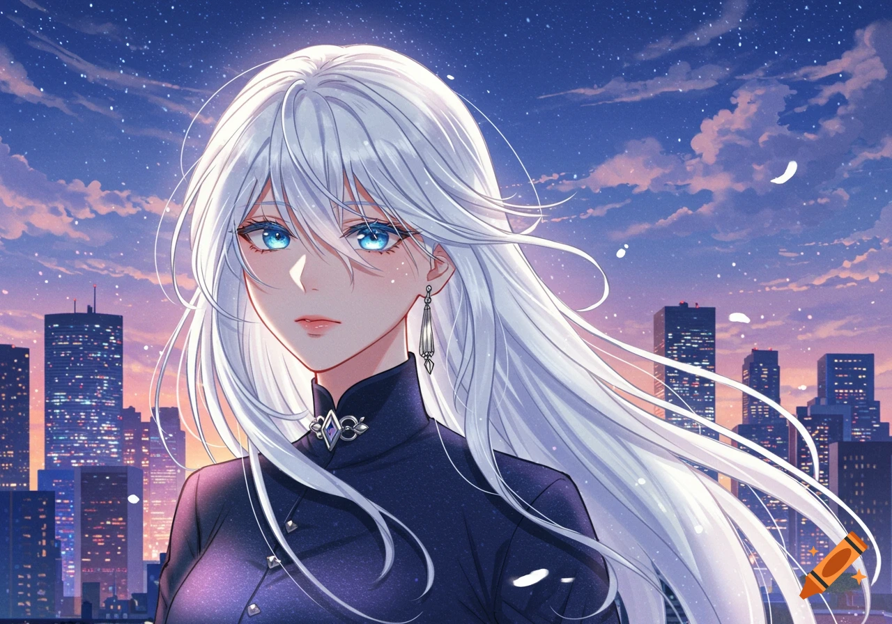 Anime woman with long white hair and blue eyes against a city skyline at dusk.