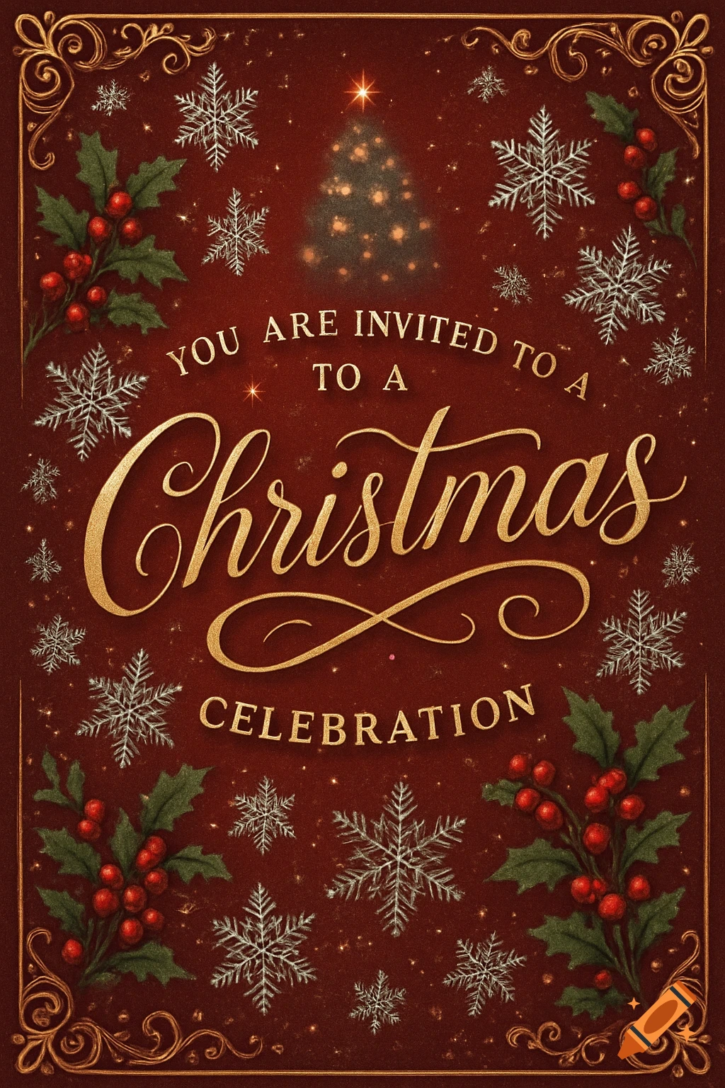 Festive red Christmas invitation with golden text 'YOU ARE INVITED TO A Christmas CELEBRATION,' holly, berries, and snowflakes.