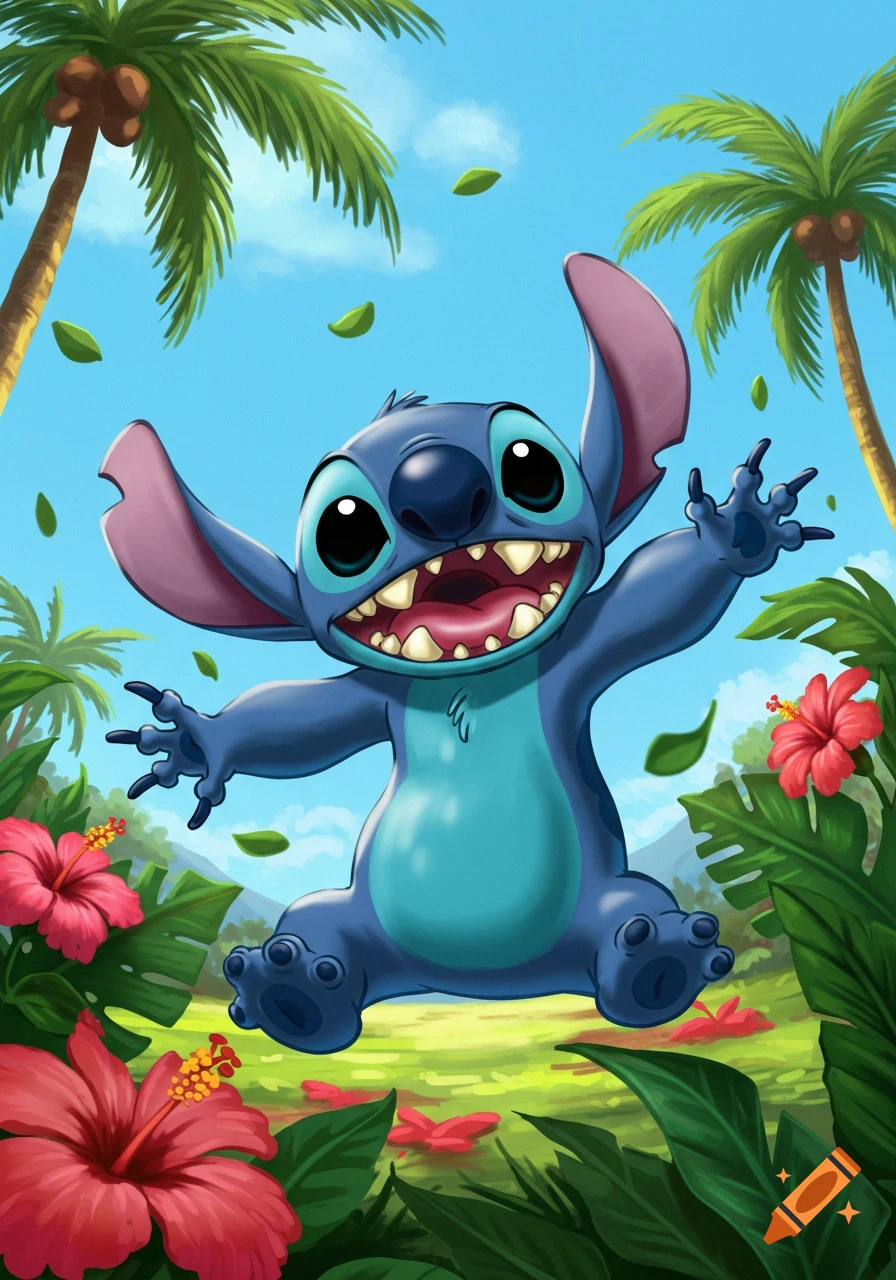Stitch, the blue alien, sits happily amidst tropical leaves, red hibiscus flowers, and palm trees under a blue sky.