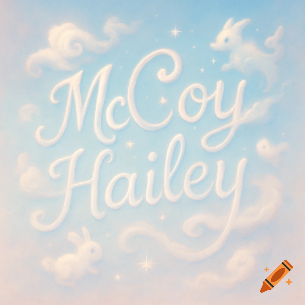 The names McCoy and Hailey written in puffy white cloud letters against a soft blue and pink sky with cloud bunnies and stars.