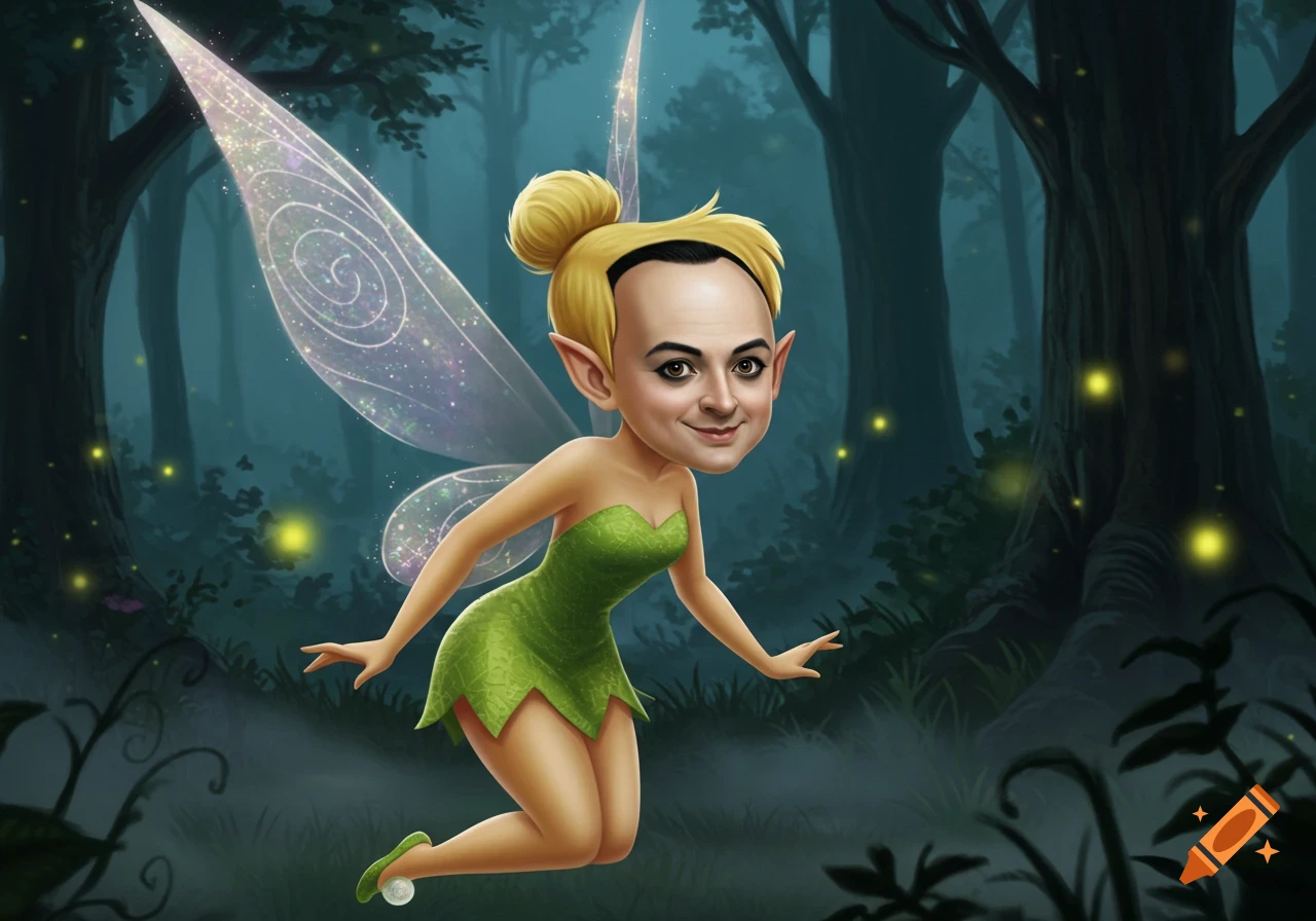 Caricature of a man's face on Tinkerbell's body, flying in a magical, misty forest with fireflies.