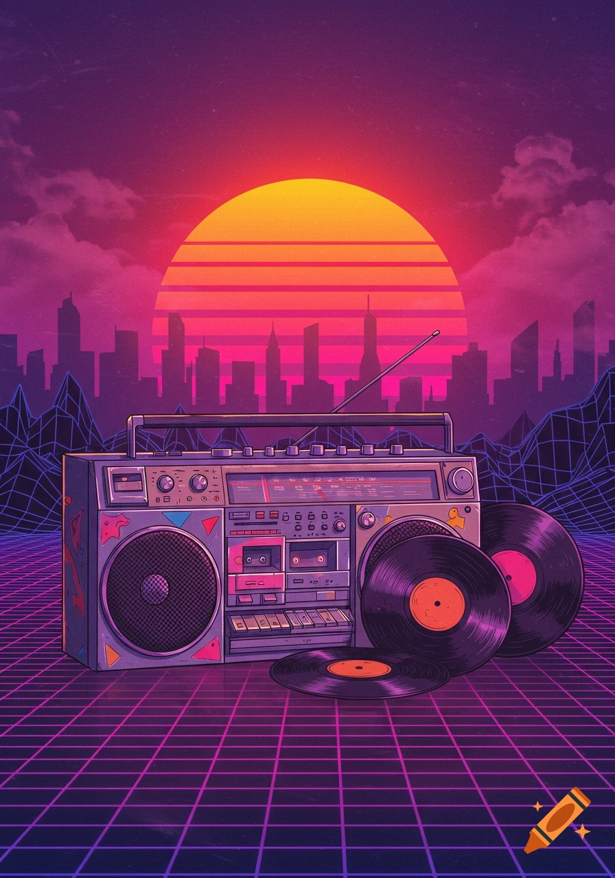 Vibrant retrowave illustration of a boombox and vinyl records on a grid, with a cityscape and large sunset.