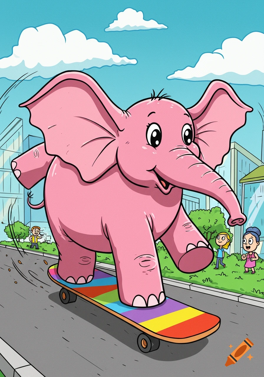A happy pink cartoon elephant rides a colorful skateboard down a city street, with children and buildings in the background.