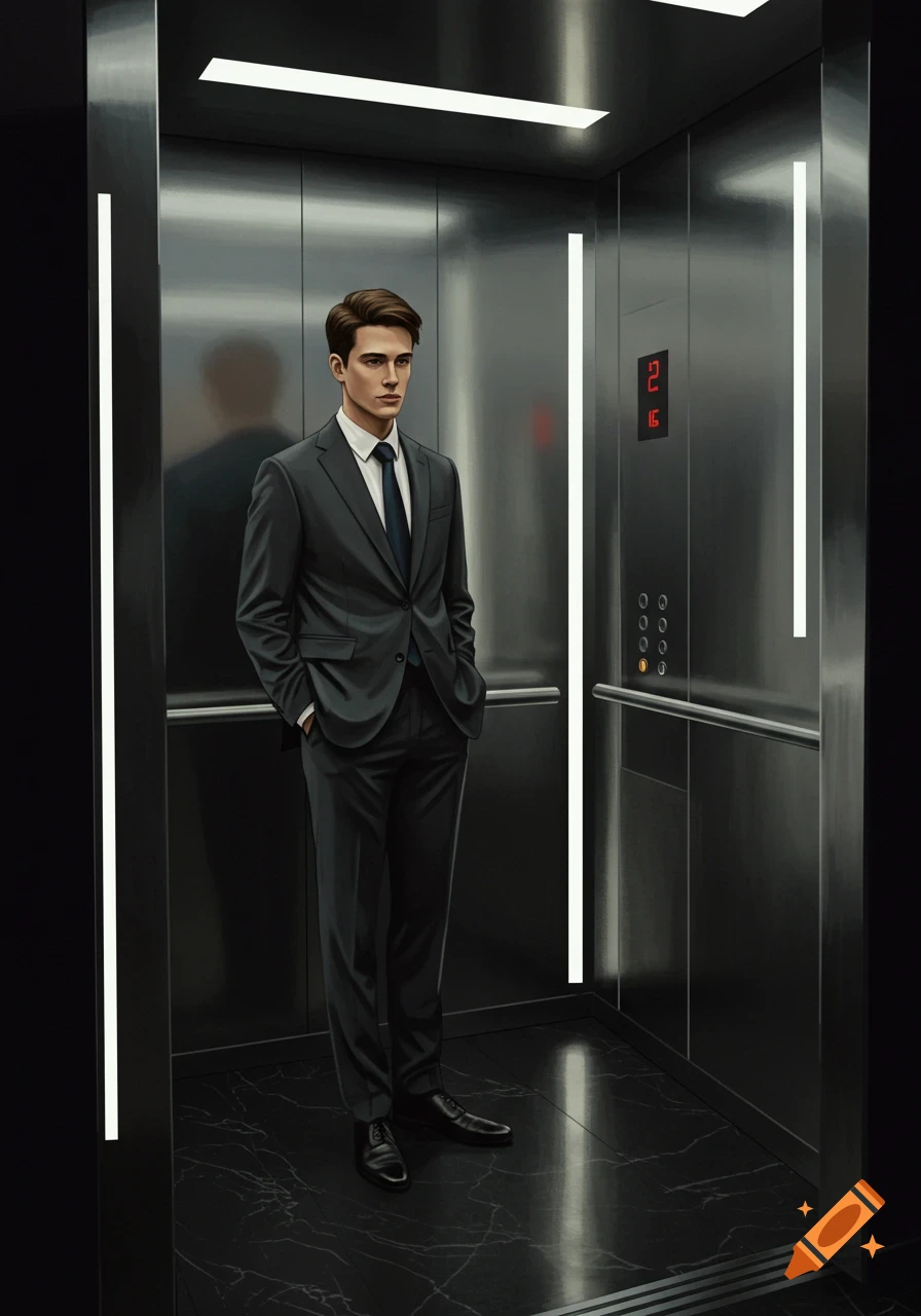 A man in a dark suit stands looking forward in a modern, metallic elevator with glowing vertical lights and a patterned floor.