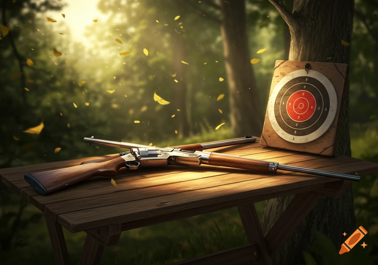 A photorealistic shot of a rifle and a target on a wooden table in a sun-dappled forest with golden leaves falling.
