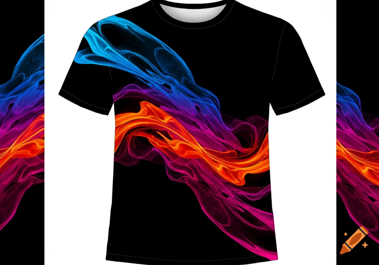 A black t-shirt featuring a vibrant abstract design of flowing smoke patterns in blue, purple, orange, and pink.