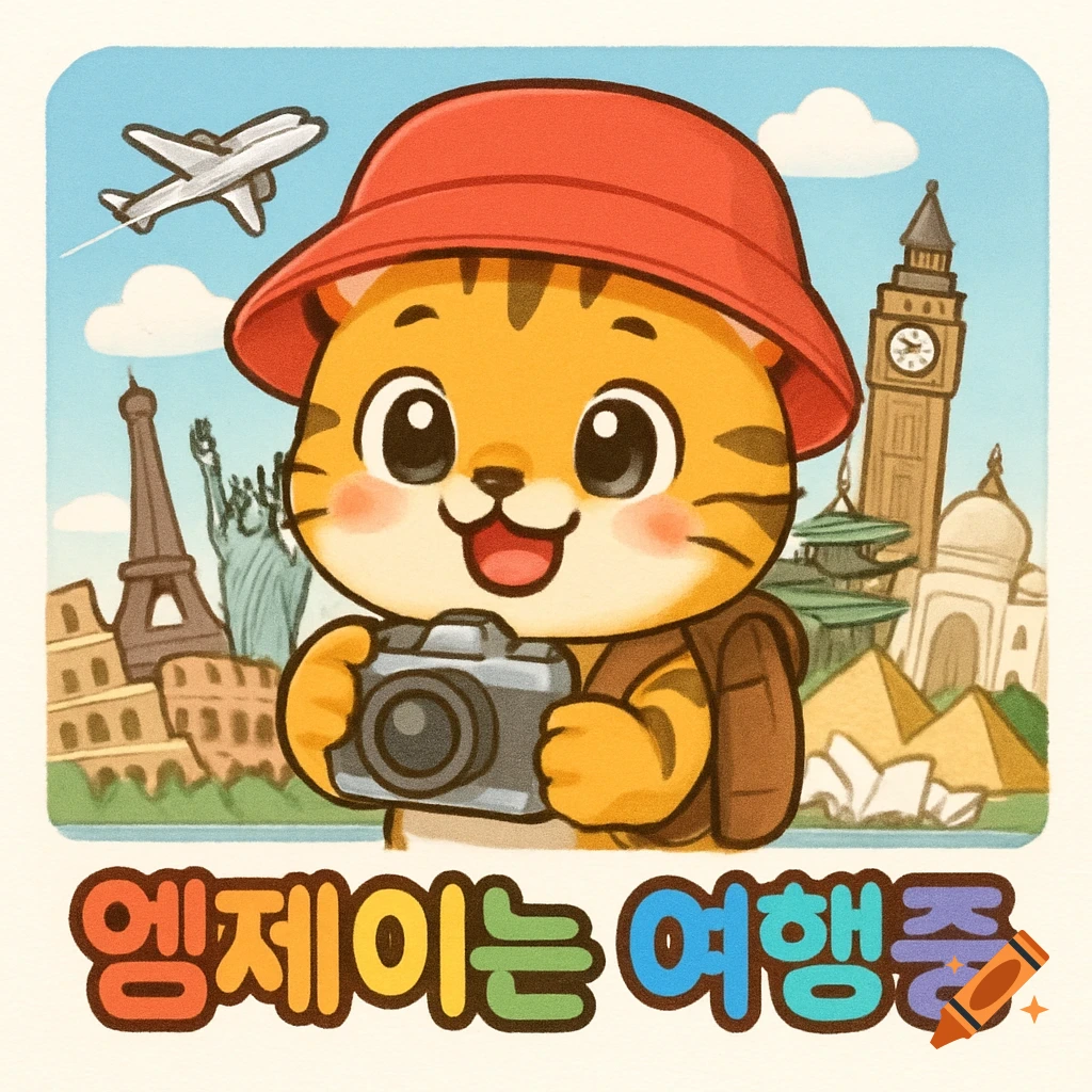 Vibrant cartoon illustration of a cute tiger traveler with a camera, surrounded by world landmarks and an airplane.