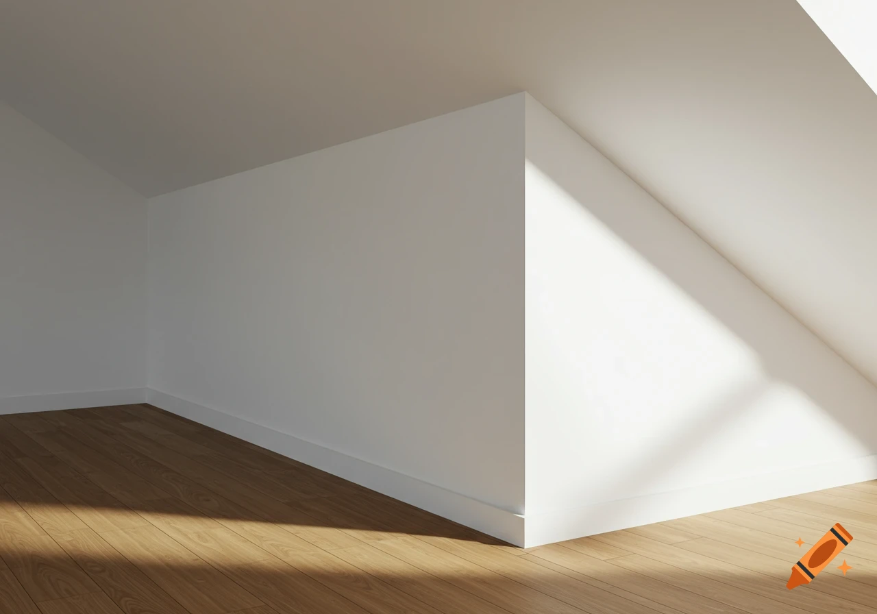 An empty attic room with white walls, a sloping ceiling, and a light brown wooden floor, illuminated by natural light casting shadows.