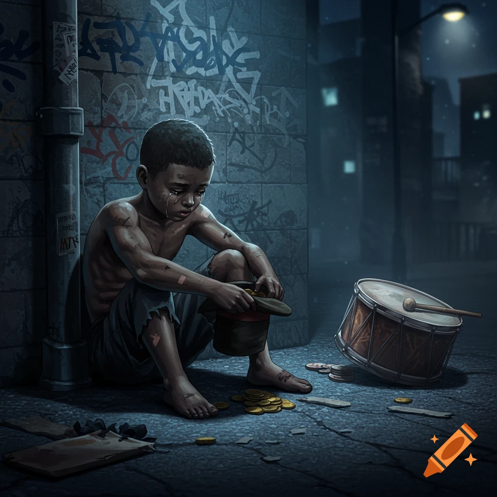 A crying, muscular boy sits sadly on a dark street, holding a hat for coins, a drum beside him, with graffiti on the wall.