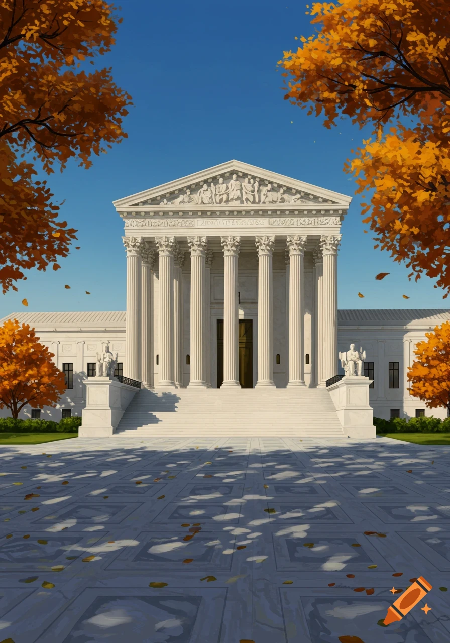 The US Supreme Court building, with its grand columns, is framed by vibrant orange autumn trees under a clear blue sky.