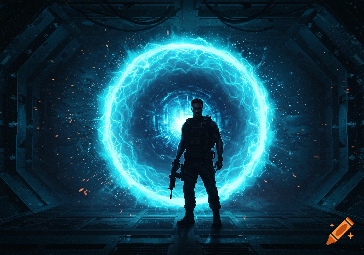 A man holding a gun stands before a glowing blue futuristic portal in a dark sci-fi corridor.