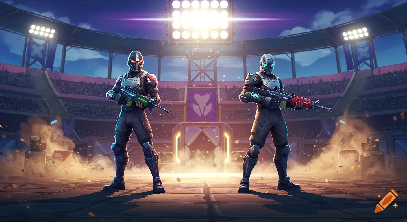 Two armored, futuristic soldiers stand with guns in a brightly lit stadium arena with a crowd in the background, in a video game style.