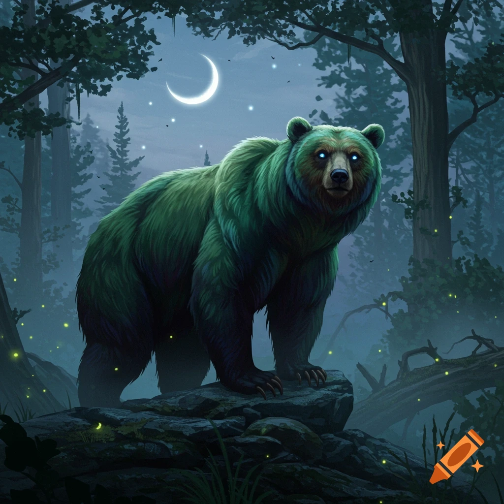 A majestic green bear with glowing blue eyes stands on a mossy rock in a dark, mystical forest under a crescent moon, with fireflies.