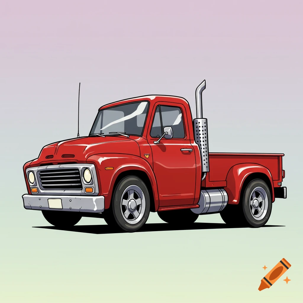 A vibrant red cartoon-style pickup truck, featuring large chrome exhaust pipes, viewed from the side against a soft gradient background.