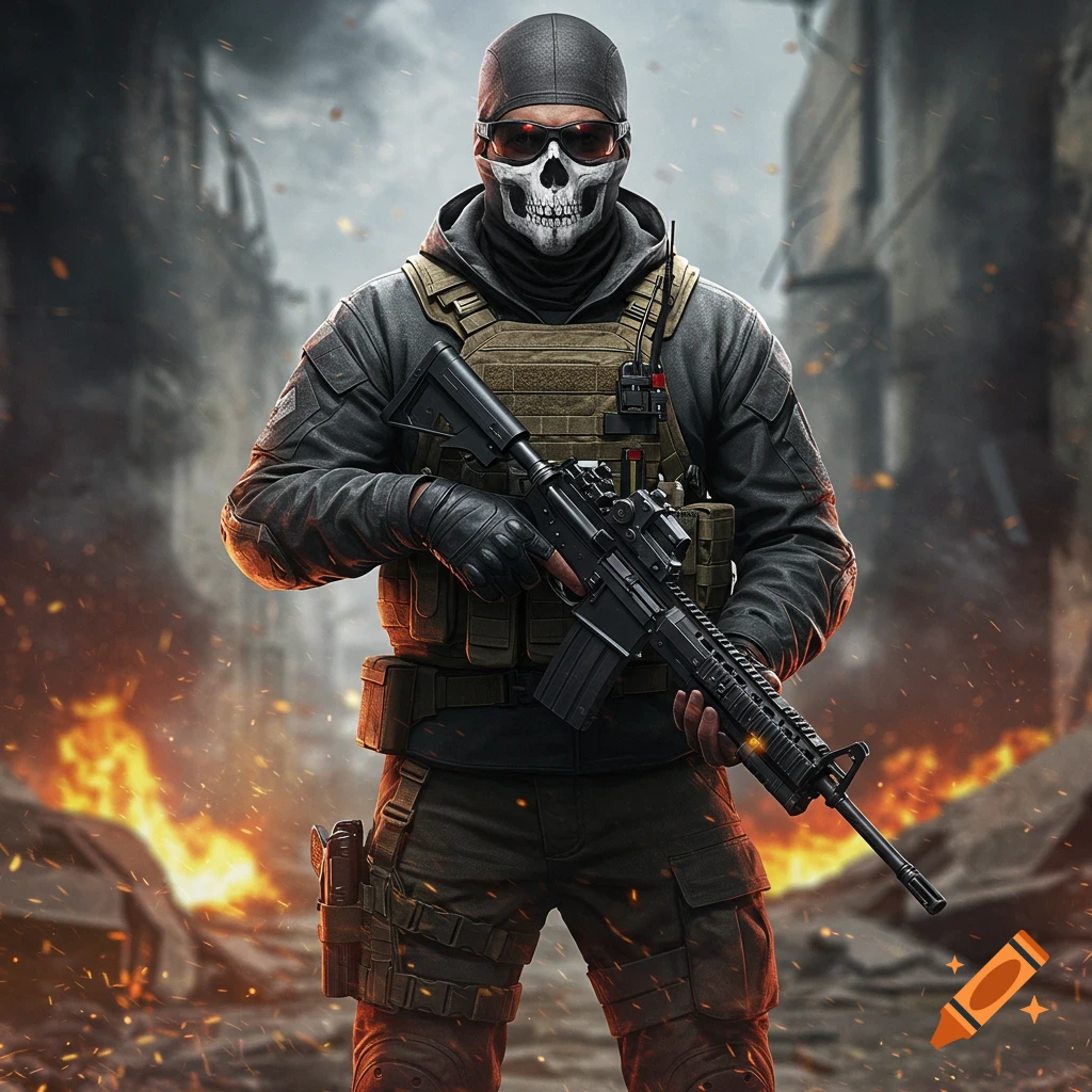 A soldier in a skull mask and tactical gear holds a rifle amidst a burning, ruined city, photorealistic style.