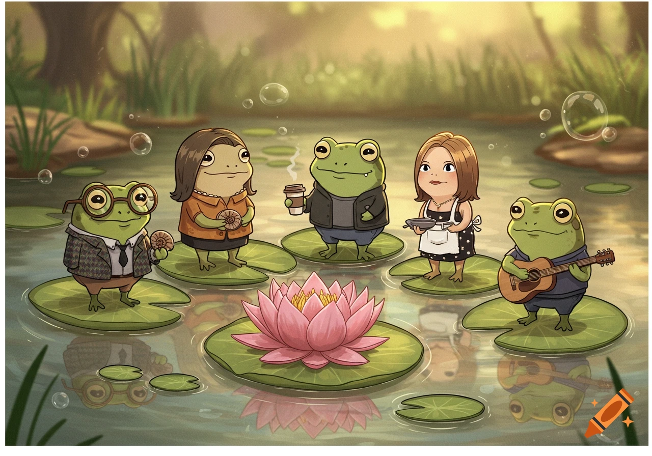 Five cute cartoon frogs, some dressed as sitcom characters, stand on lily pads in a pond around a lotus flower.