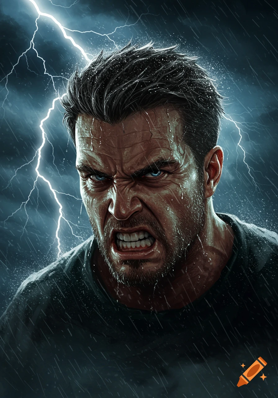 Digital illustration of a furious man in the rain with gritted teeth and lightning in the stormy dark background.