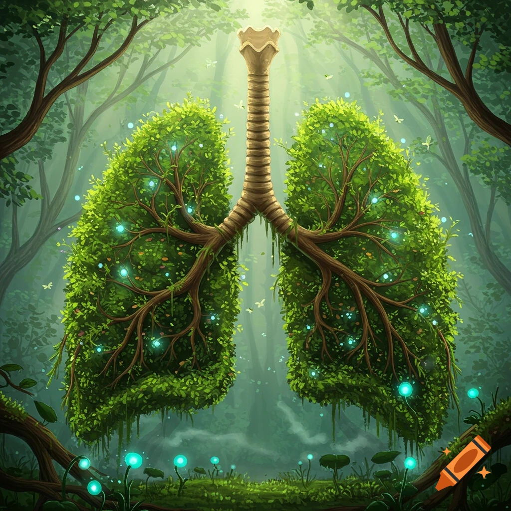 Lungs made of lush green trees and glowing blue lights in a mystical forest, with a tree trunk-like trachea, illustration.