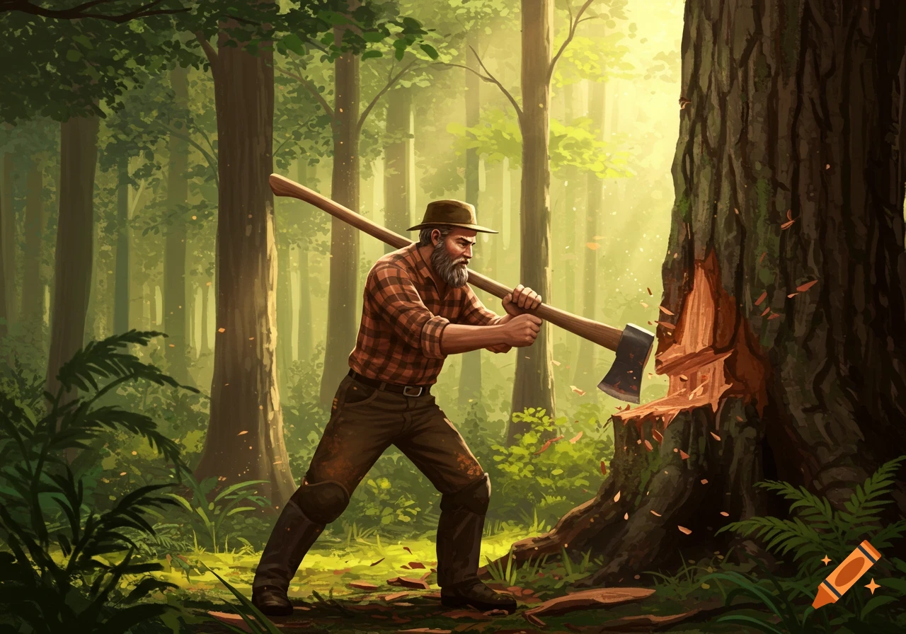 A bearded man in a plaid shirt chops a tree with an axe in a sunlit forest, digital illustration.