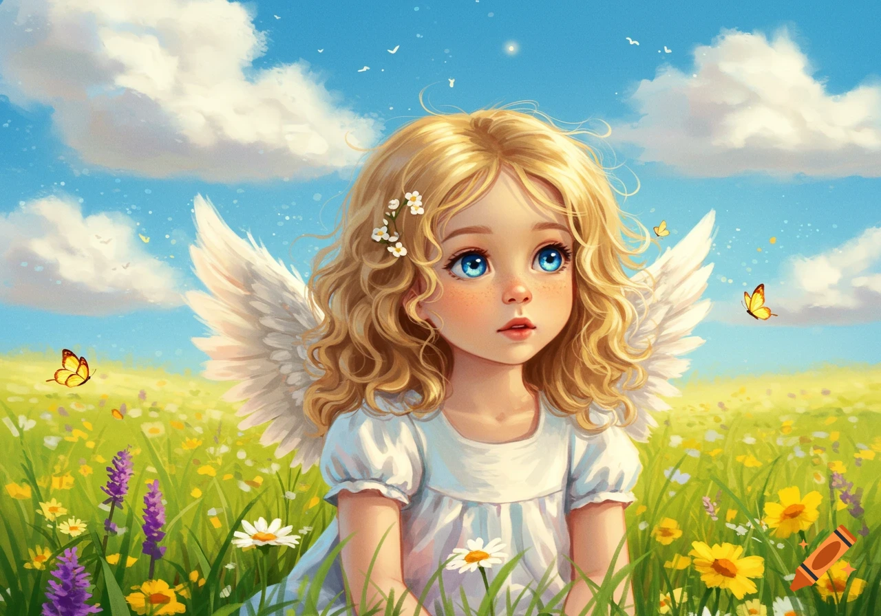 A cute, curly-haired, blue-eyed angelic girl with white wings sits in a vibrant flower field under a blue sky, cartoon illustration.