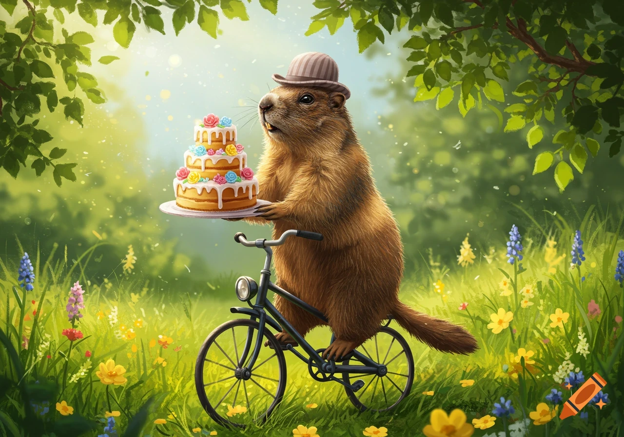 A whimsical groundhog wearing a hat rides a bicycle through a sunny, flowery meadow, holding a three-tiered cake.