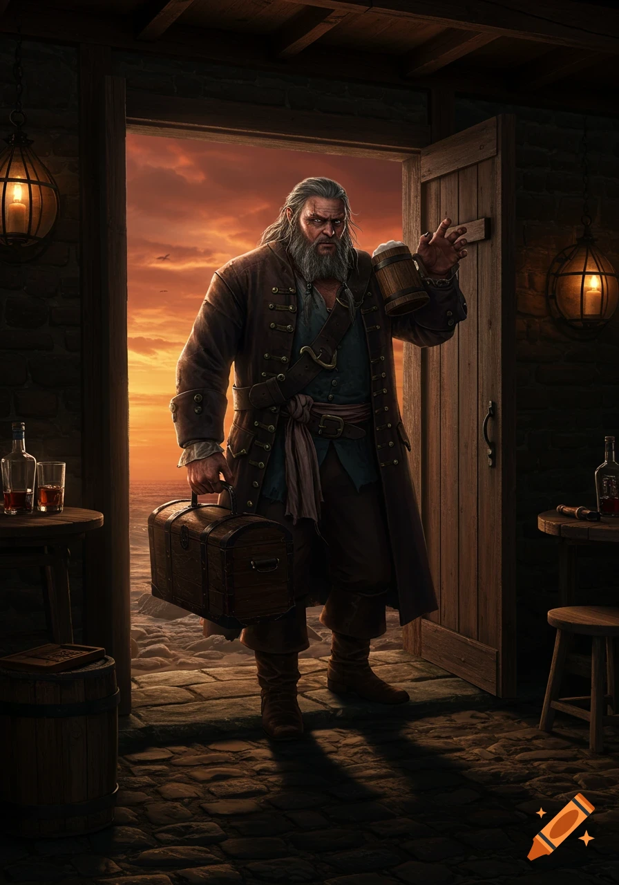 A rugged, bearded pirate-like man stands in a tavern doorway at sunset, holding a wooden mug and a treasure chest.