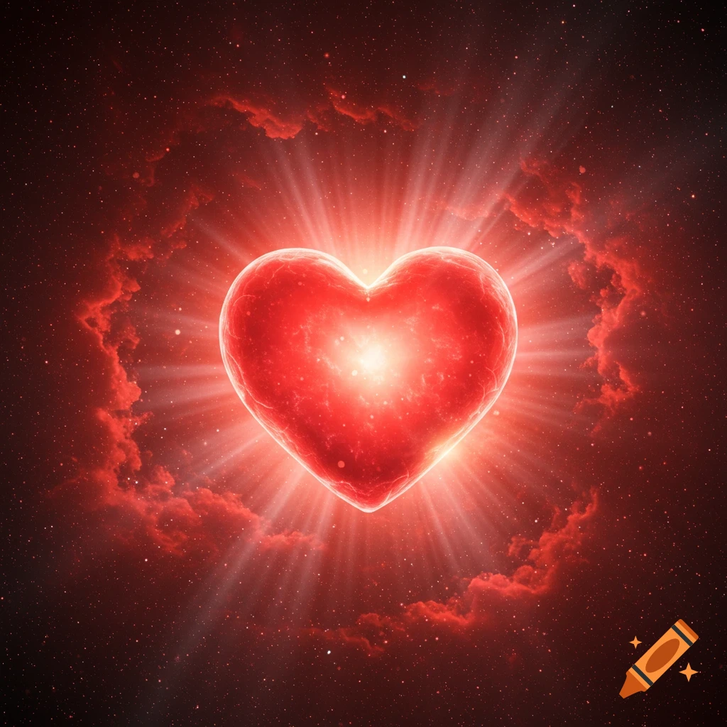 A glowing, radiant red heart floats in the dark expanse of space, surrounded by crimson nebulae and distant stars.