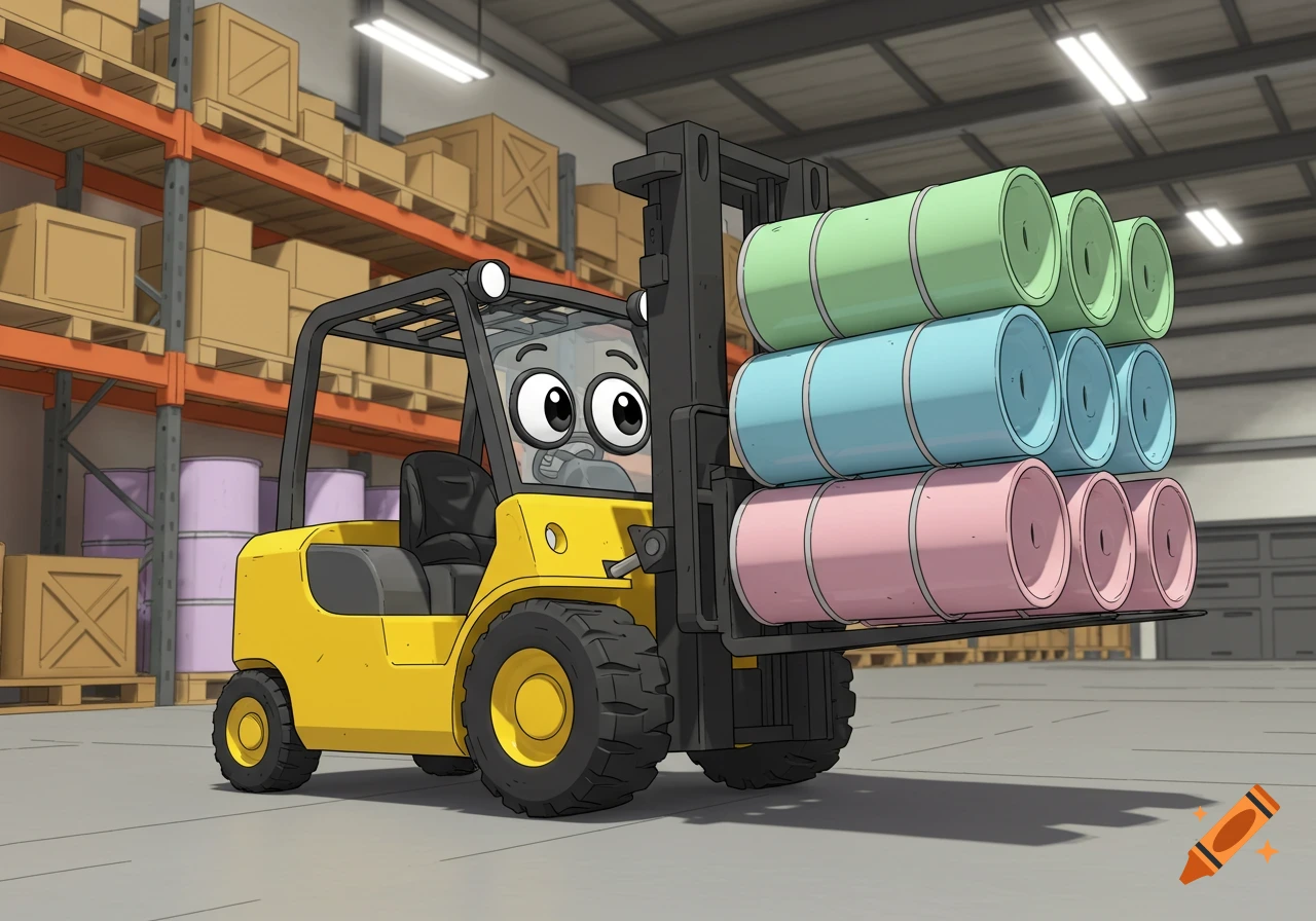 Cartoon yellow forklift with big eyes carrying stacks of green, blue, and pink cylindrical objects in a warehouse.
