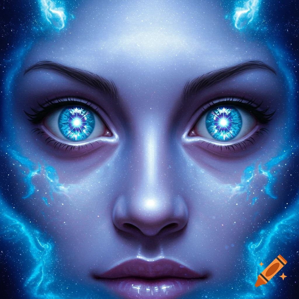 Close-up of a cosmic-themed face with glowing blue, star-filled eyes and a starry complexion.