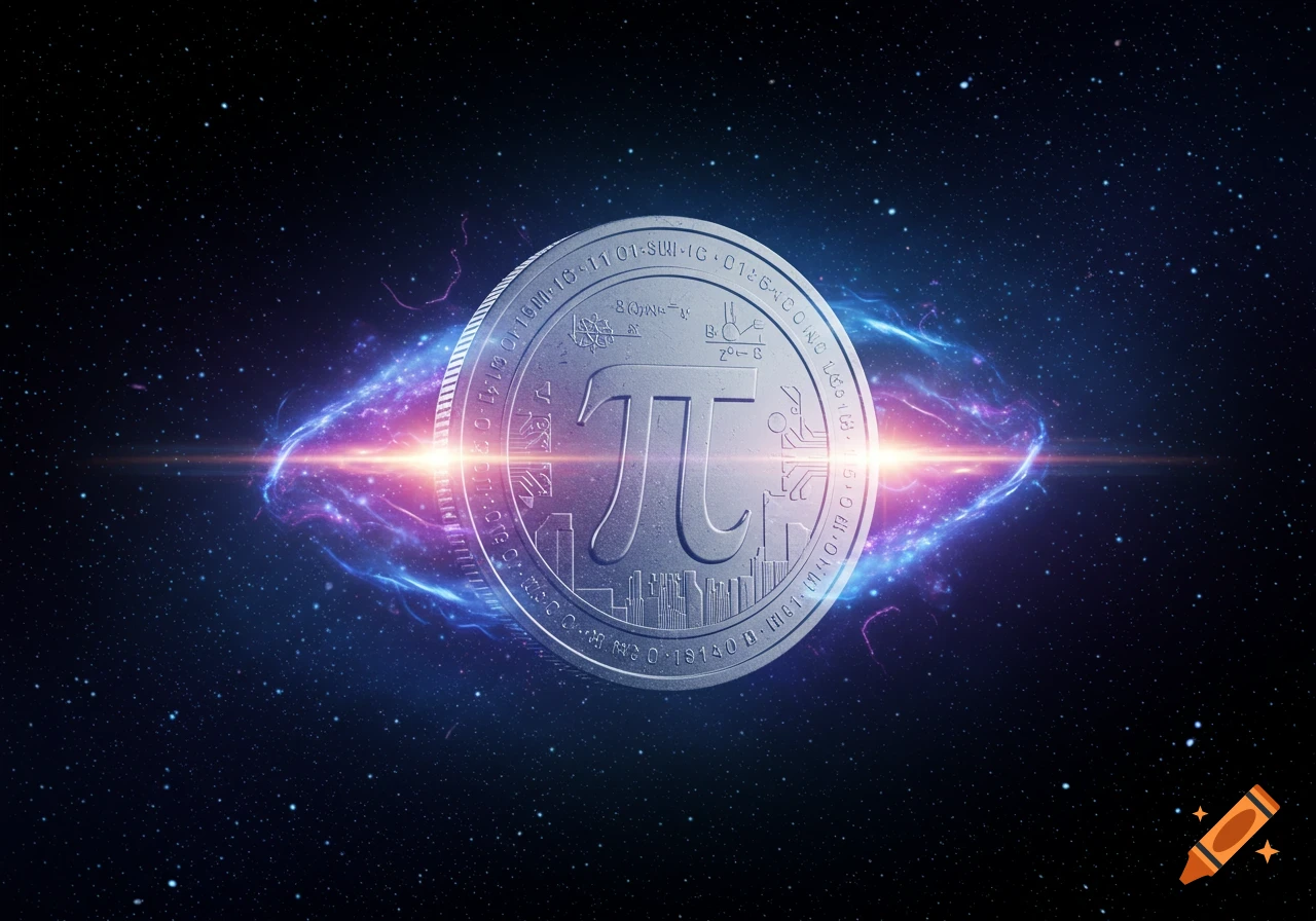A silver coin with a large Pi symbol at its center, surrounded by mathematical equations and numbers, floats amidst a vibrant purple and blue nebula in a starry cosmic background.