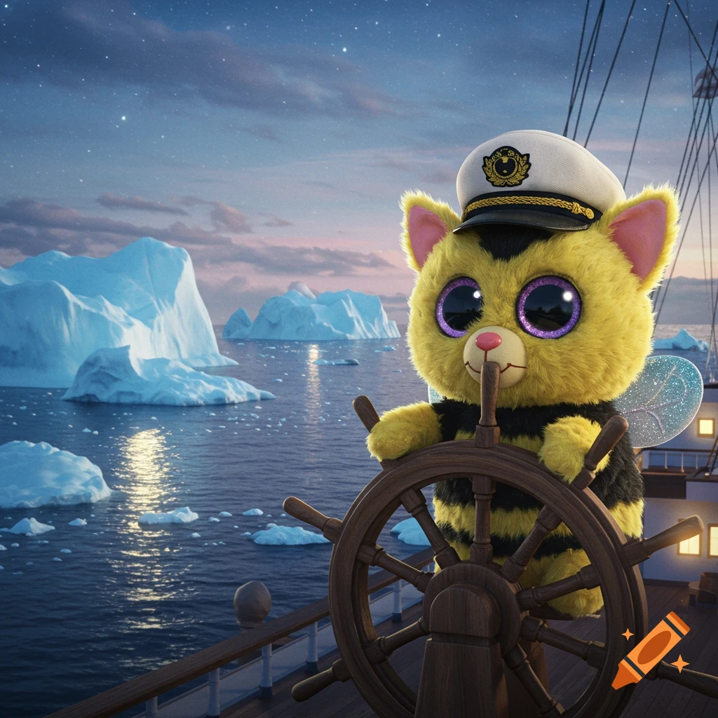 A fuzzy yellow and black bee-cat plushie in a captain's hat steers a ship through icy waters at twilight.