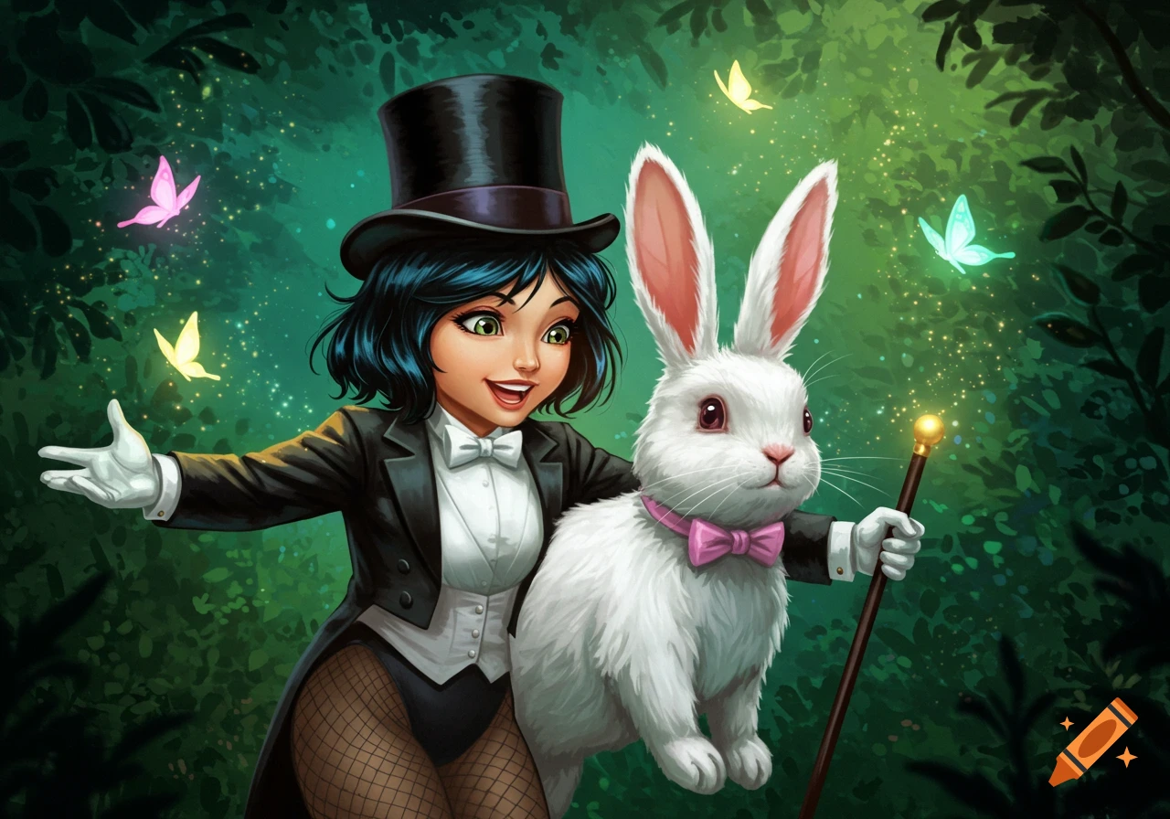 A smiling female magician in a top hat and tuxedo suit stands next to a white rabbit holding a magic wand in a glowing green forest.