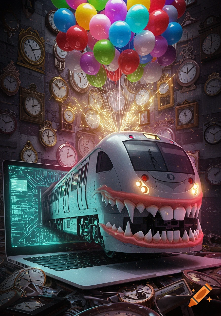 A surreal train with large teeth emerges from a laptop screen, surrounded by a wall of clocks and a bunch of colorful balloons floating upwards.