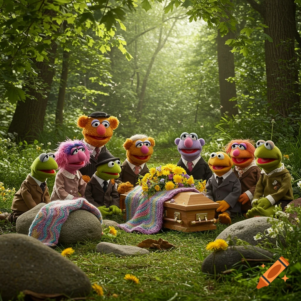Muppet-like characters in suits attend a solemn funeral around a small casket with flowers in a sunlit forest, photorealistic.