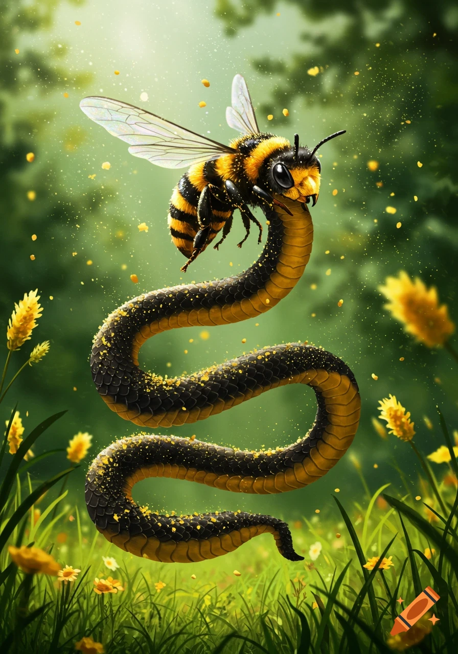 A bee with a black and yellow striped serpentine body, covered in pollen, hovers in a vibrant green field with yellow wildflowers.